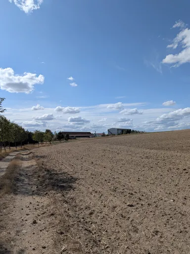 Zorané pole pod oblohou s kupovitými mraky
