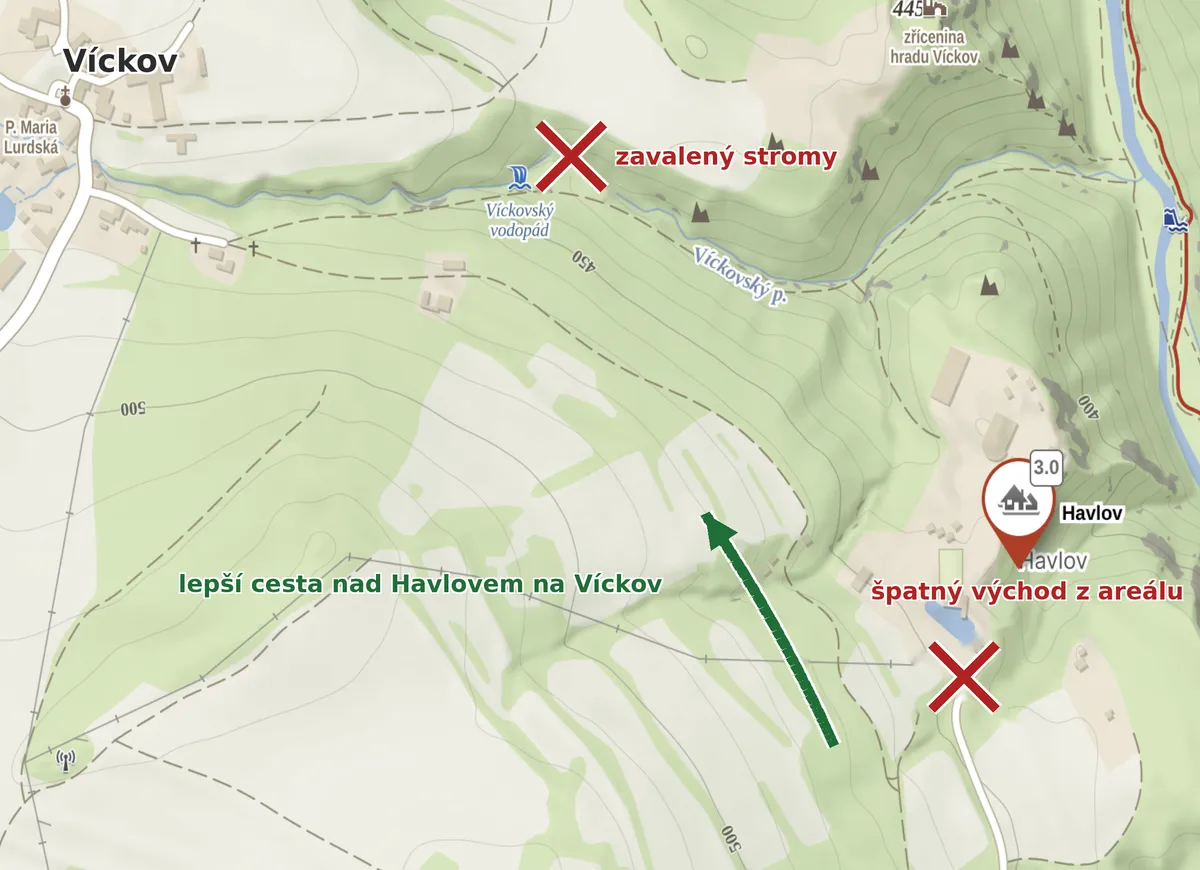 Mapa okolí Havlova s vyznačenou lepší cestou nad areálem na Víckov