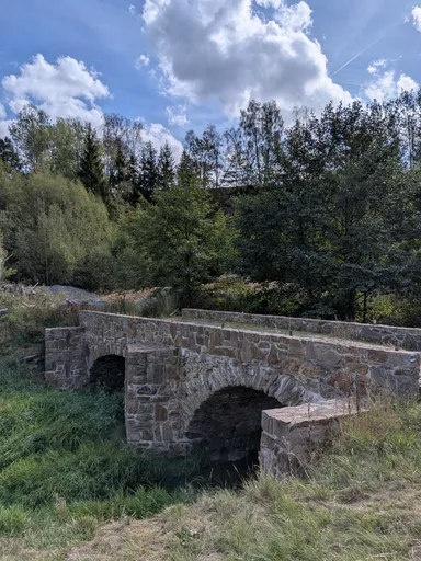Starý kamenný klenutý most přes potok, kolem zeleň a jehličnatý les.