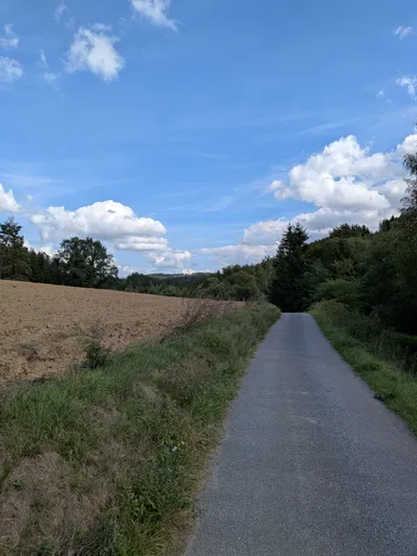 Asfaltová cesta vede podél zoraného pole, v pozadí zalesněné údolí.
