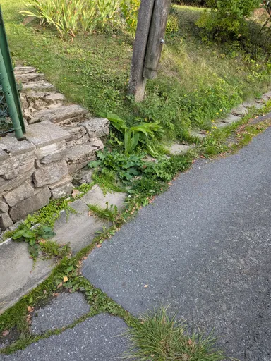 Asfaltová cesta stoupá podél kamenné zídky se schody.