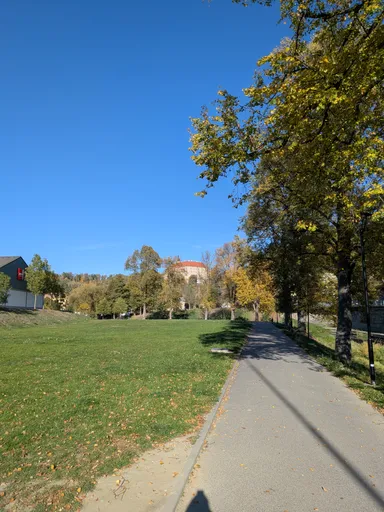 Pěšina podél trávníku směrem k řece, v dálce mezi stromy prosvítá zámek Náměšť nad Oslavou.