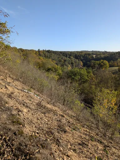 Suchý svah nad kolejemi s výhledem na zalesněné údolí Oslavy pod modrou oblohou.