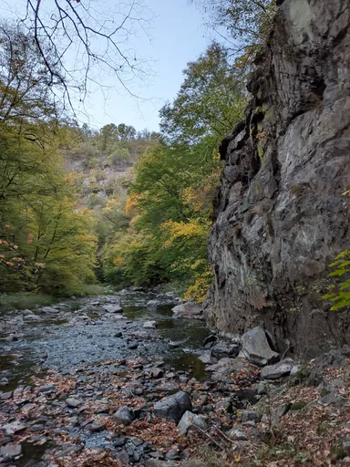 Skalní stěna spadá přímo do řeky Oslavy, podél břehu už cesta nevede.