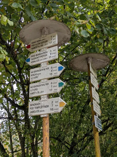Dva turistické rozcestníky s barevnými směrovkami u Senoradského mlýna.