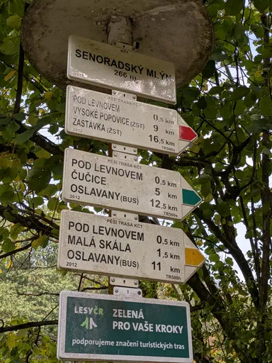 Rozcestník Senoradský mlýn se směrovkami Pod Levnovem, Čučice a Oslavany.