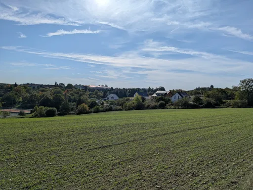 Pohled přes zelené pole na Braníškov