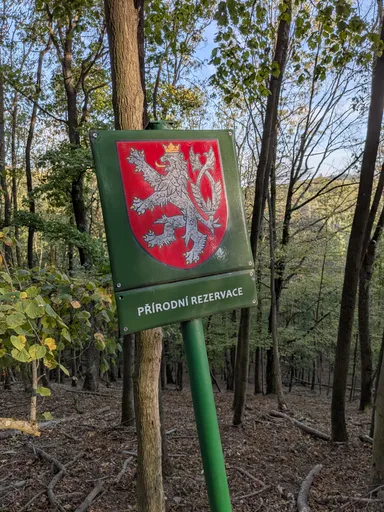 Zelená cedule se státním znakem a nápisem Přírodní rezervace na okraji bukového lesa